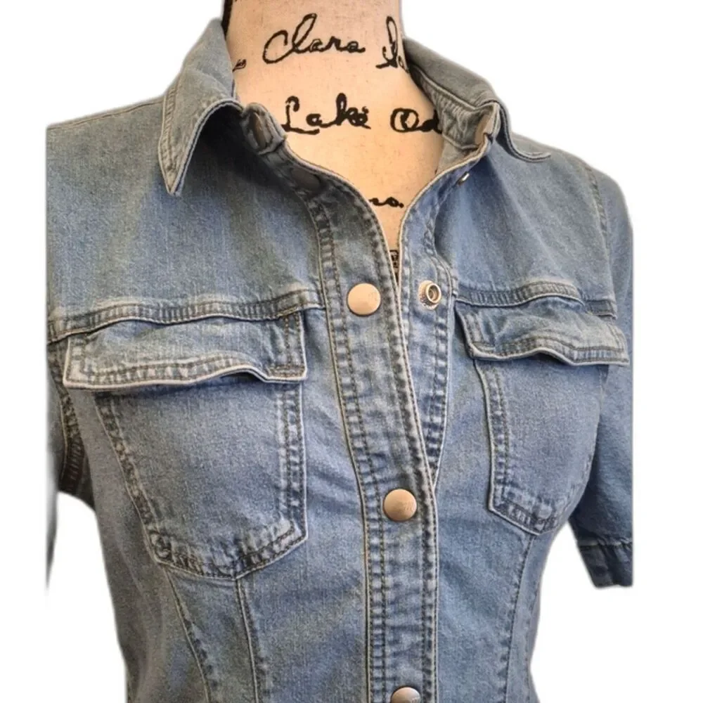 Madewell Denim Mini Dress S Snap Front Hemp Blend Short Sleeve Light Wash Casual - Picture 2 of 11